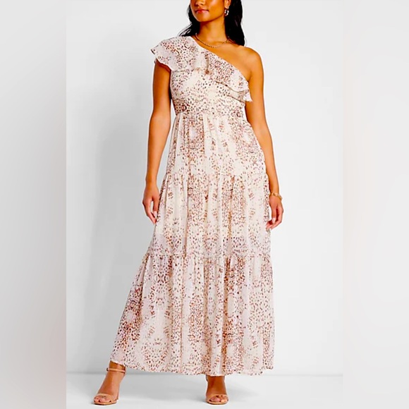 Rachel Zoe Metallic Print Ruffle One Shoulder Tiered Maxi Dress - Picture 1 of 6